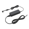 A full top-down overview of the Panasonic Toughbook AC power adapter system, displaying the central rectangular matte black power supply brick with its integrated DC power cable terminating in a right-angle barrel connector tip at the top left, and a matching black 3-prong AC wall outlet power cord plugged into its base and neatly looped at the bottom right.