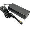 A close-up product shot of a black Panasonic Toughbook AC power adapter brick, showcasing its unbranded top casing, side 3-prong cloverleaf AC power inlet, and an attached thick DC power cord bundled with a hook-and-loop strap that extends forward to highlight a right-angle yellow-tipped barrel connector plug.