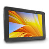 Three-quarter angled view of the Zebra ET51 8.4" rugged enterprise Android tablet with its screen illuminated, displaying a bright yellow and orange abstract wave wallpaper with a lock screen clock showing 10:00, isolated on a white background.