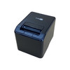 High-angle three-quarter front view of the NCR RealPOS 7199 thermal receipt printer, displaying its cube-shaped black plastic enclosure, paper exit slot area, and sleek design configuration on a solid white background.