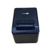 Straight-down top view of a matte black cubical NCR RealPOS 7199 thermal receipt printer, highlighting the clean white NCR logo printed on the paper roll cover, the integrated plastic cover release latch, and a flat front profile, isolated on a white background.