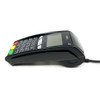 Left-side profile view of the Ingenico iCT220 payment terminal highlighting the curved baseline architecture of its integrated thermal printer bay compartment and the sleek downward slope of the physical keypad, isolated on a plain white background.