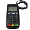 Top-down front view of a matte black Ingenico iCT220 desktop payment terminal showing the monochrome LCD display screen, the row of grey function keys, a complete alpha-numeric keypad layout, and vibrant red, yellow, and green action buttons at the base, isolated on a white background.