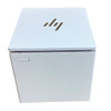 Front straight-on view of the white cube-shaped HP mini thermal receipt printer, showing the premium HP logo on the top lid, a subtle receipt exit slot, and a small rectangular power button with an LED indicator on the upper left corner.