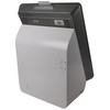 Rear angle view of the NCR self-service terminal resting on a white countertop mounting stand, highlighting the dark gray monitor casing with ventilation grilles, an asset tracking barcode sticker, and the smooth white protective enclosure base.