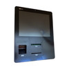 Front view of the black NCR SelfServ 90 self-checkout kiosk terminal, featuring a large touchscreen display, an integrated barcode scanner window in the lower-left corner, an emerald-tinted dip card reader slot, and a thermal receipt printer exit slot at the center.