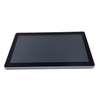 Front angled perspective of the Elo I-Series 3.0 widescreen touch computer panel resting flat, showcasing its clean edge-to-edge glass display with a thick black outer bezel and a slim metallic silver perimeter trim.