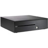 Three-quarter isometric view of the closed HP heavy-duty retail cash drawer, showcasing its solid steel cubic outer chassis structure, protective black textured powder coat finish, front media slip entry slot, and lower right security key lock.