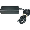 A side-angle view of the rectangular black plastic power supply brick with its attached black DC output cable neatly bundled with a rubber band on a white background.