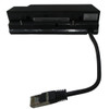 Rear perspective of the black IBM MSR module, displaying its mounting clips, a central barcode serial label, a secondary small specification sticker, and a thick black interface cable ending in a clear RJ45-style connection plug.