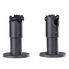 Side-by-side product comparison view of two matte black SpacePole SP2 DuraTilt 100mm POS mounts (DTP171-02), showing the front-angle perspective and a profile view detailing the secure rotation slot and internal cable management entry port.