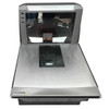 Datalogic Magellan 8500Xt bi-optic in-counter barcode scanner and scale combo unit featuring a stainless steel long platter weighing surface, a vertical scan window hood with the Datalogic logo, and horizontal glass scanning panel, shown from a front perspective on a white background.