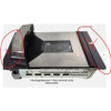 Educational product photo of a Datalogic scanner scale with red circles and X marks drawn over the front and rear outer black plastic lip frames, accompanied by explanatory text reading No Flange Meaning - These will not be on the Scanner Scales.
