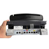 A back-end profile view of the Datalogic Magellan in-counter scanner scale, showing the physical interface panel with all connection ports exposed underneath the main plastic hood extension, isolated on a white background.