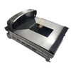 A high-angle left side view of the standalone Datalogic Magellan 9804 in-counter POS scanner scale, displaying the textured metal platter surface, integrated glass scan window, and the curved vertical scanner bonnet tower.