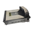 A high-angle right side view of the Datalogic Magellan 9804 medium-sized bi-optic scanner scale, showcasing the flush stainless steel platter with a dot-matrix texture pattern and the underlying metal chassis frame with side mounting slots.