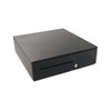 Perspective three-quarter side view of a closed black APG Series 100 heavy-duty cash drawer shell, highlighting its textured matte powder-coated steel chassis, horizontal front media slot, and integrated center keyhole lock, isolated on a white background.