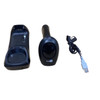 Front-facing overview of the unboxed CipherLab 2564MR barcode scanner kit, showcasing the vertical charging base, the front face of the black scanner head with the prominent glass imager window and CipherLab logo, and the bundled black USB cable.