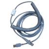 Overhead full view of the looped gray Datalogic 90A052066 barcode scanner cable, featuring the coiled midsection secured with a small white tie, an attached white snap-on ferrite bead, a USB Type-A connection, and an RJ45 connector interface.