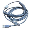 A close-up view of the gray Datalogic 90A052066 interface cable, showing a coiled section, a standard USB Type-A male connector, an RJ45 modular plug with modular strain relief, and a white ferrite core plastic clip.