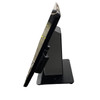 Profile view of the Elo I-Series 21.5" terminal, highlighting the slim depth of the touchscreen panel, the attached side magnetic stripe reader, and the angled mounting structure of the heavy-duty desktop stand.