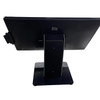 Rear view of the matte black Elo I-Series terminal panel showcasing the silver "elo" logo centered near the top. The display is mounted to a sturdy, rectangular black desktop stand with a wide, flat base.