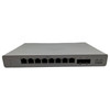 Front straight-on view of a silver Cisco Meraki MS120-8LP network switch, displaying 8 numbered Gigabit Ethernet PoE ports, 2 dedicated SFP uplink ports, status LED indicators, and the dark gray Cisco logo on the right.