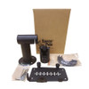 Complete retail kit contents for SpacePole Ingenico iPP320 DuraTilt Mount, including the matte black wall pole, tilting joint, interface backplate, hardware packets, and original product box.