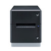Front view of a black Star Micronics mC-Print3 thermal receipt printer with a compact, matte-finish housing, showcasing the horizontal paper exit slot, a single blue LED status indicator light, and the paper feed button on the bottom right.