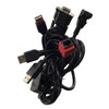 Bundled black PAX Q30 tri-cable multi-interface POS adapter cord showing multiple connector ends including a red LAN Ethernet port, two USB-A males, a DB9 serial connector, and a proprietary terminal connector.