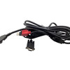 Overhead view of an uncoiled black PAX Q30 tri-cable showing part number 200204030000277 printed directly on the main cable jacket next to a red LAN connector sleeve and a DB9 serial head.