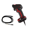 Perspective view of the rugged scanner body next to its included coiled black USB interface connection cable with an RJ45 connector on one end and a USB Type-A port on the other.