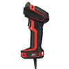 Profile view of the left side of the scanner, highlighting the ergonomic, curved handle grip, the prominent red "SR" (Standard Range) label, and the regulatory asset tag on the base.
