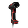 Three-quarter angled front view of the red and black Honeywell 2100iSR scanner, emphasizing the heavy-duty protective rubber overmold bezel around the scanner head.