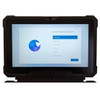 A close-up view of the tablet section alone, showing the active display screen running the initial Windows country selection menu. The heavy black rugged bezels, integrated front-facing camera array at the top, and specialized quick-access hardware buttons labeled P1, P2, and P3 along the lower bezel are clearly visible.