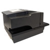 A direct profile view of the left side of the charcoal printer. The tiered, boxy industrial design shows a large arched cutout near the bottom rear, designed for management and routing of connecting system cables underneath the body. White plastic base tabs are visible along the lower edge.