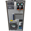 Rear panel interface of a Dell EMC PowerEdge T340 tower server. Visible components include two redundant 495W EPP hot-plug power supplies at the top right, four PCIe expansion slots with blue release latches, a large system cooling fan at the bottom, and an I/O panel with four USB ports, two Gigabit Ethernet ports, an iDRAC management port, a serial port, and a VGA port.