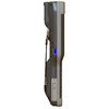 A direct, vertical right-side profile view of the Honeywell CK75 mobile computer. The image emphasizes the rugged, thick profile designed for extreme durability and heavy duty cycles. Key details shown are the textured dark gray gripping surfaces, a bright blue circular scan button, and a black stylus tether attached near the top. The overall design features protective, shock-absorbing gray edges.