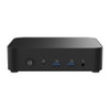 Front view of the black ASUS NUC 14 Essential Mini PC chassis against a white background, highlighting the power button, one 10G USB-C port, two 10G USB-A ports, and a 3.5mm headphone jack.
