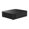 Isometric three-quarter perspective view of the compact, low-profile black ASUS NUC 14 Essential Mini PC (NUC14MNK35) showing its sleek top matte finish and front connectivity layout.