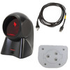 Overhead layout of the Honeywell MK7120-31A38-N kit components, featuring the black presentation barcode scanner, a coiled black USB communication cable, and the round white plastic countertop mounting plate with screw holes.