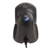 Back view of the black Honeywell Orbit 7120 barcode scanner showing the circular blue and white "Orbit" logo badge, an upper status indicator lens, and the interface cable securely connected to the bottom base socket.