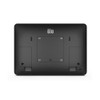 Back view of the Elo I-Series 2.0 21.5-inch touchscreen computer chassis highlighting the silver "ēlo" brand logo, dual integrated speaker grilles, universal VESA mounting pattern holes, a power button on the bottom left, and removable plastic port covers.