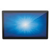 Front straight-on view of the black Elo I-Series 2.0 21.5-inch All-in-One Touchscreen Computer (E693022) showcasing its flat edge-to-edge glass display with a glowing blue radial burst graphic, black bezels, and a small built-in webcam sensor at the top center.