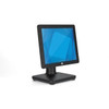 Full studio three-quarter view of the matte black EloPOS 15-inch touchscreen POS terminal on its integrated desktop stand, showing a blue abstract geometric interface image against a clean white background.