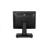Rear straight-on view of the black EloPOS System 15-inch All-in-One Touchscreen POS Terminal mounted to its matching black I/O hub desktop stand, showing the silver "ēlo" logo badge and prominent ventilation perforations.