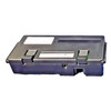 Angled view of the back and side profile of the black plastic Verifone P132-601-00-R I/O block, showing two mechanical release clips on the upper edge, a small circular audio port jack on the side, and blank white manufacturing sticker labels.