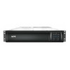 Alt Text: Direct front view of an APC Smart-UPS 3000VA 2U rack-mount unit showing the horizontal front grille, white APC logo, digital LCD control panel, and mounting bracket side ears.