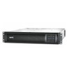 Alt Text: Angled front perspective of an APC Smart-UPS 3000VA rack-mount uninterruptible power supply featuring a black front bezel, APC logo, LCD status display screen, navigation buttons, and integrated rack ears.