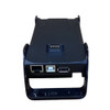 Rear port view of a black Ingenico Move 5000 charging base showing an Ethernet jack, USB-B port, standard USB-A port, and top golden charging pins.